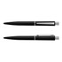 A black plastic pen with silver accents, featuring a clip and a smooth design. It has a logo on the body.