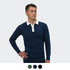 A rugby unisex jersey in navy and white with long sleeves, featuring a collar and a logo.