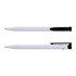 A recycled plastic pen in white with a black clip and black accents, featuring a logo on the body.