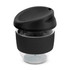 A drink bottle with a transparent base, black silicone sleeve, and a black lid. It features a logo on the sleeve.