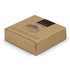 A brown cardboard box containing a bamboo brush and mirror, featuring a simplistic design and logo.