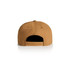 A tan cap featuring a flat brim and an adjustable strap at the back. It has a logo on the front.