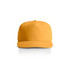 A yellow cap with a rounded crown and a curved peak, featuring a logo on the front.