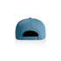 A blue cap featuring a logo, viewed from the back with an adjustable strap.