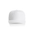 A white cap with a flat brim and a logo on the front. The design is simple and clean.