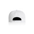 A white cap with a flat brim and adjustable strap at the back, featuring a logo.