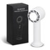 A white personal cooling fan stands beside its black packaging, featuring a logo on the box.