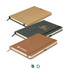 A set of three recycled hard cover notebooks in brown, green, and tan, featuring elastic bands and branding.