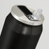 A drink bottle in matte black with a silver lid and a clear drinking spout, featuring a logo.