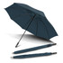A dark teal sport umbrella displayed open with its collapsed form beside it, featuring a handle with a logo.
