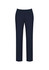 A pair of women's slim leg pants in navy blue, featuring a bandless design and a sleek, minimalistic look.