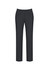 Women's slim leg pants in dark grey with a bandless design, featuring front pockets and a smooth finish. Brand logo present.
