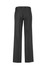 A pair of black women's wool stretch slacks with an adjustable waistband, shown from the back.