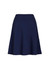 A navy flared skirt with a bandless waist, featuring a smooth design and an A-line silhouette.