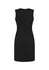 A black sleeveless V-neck dress with a fitted design and a back zip closure. It features a small vent at the bottom.