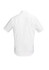 A white short sleeve button-up shirt with a classic collar and a logo on the back.