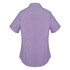 A short-sleeve women's button-up shirt in purple with a checked pattern, featuring a logo on the back.