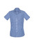 A short-sleeve women's shirt in blue and white gingham check pattern, featuring a button-up front and a chest pocket.