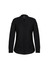 A black long sleeve blouse with a button-up front and a collar, featuring a logo on the neckline.