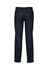 A pair of navy blue men's flat front trousers with a smooth finish and back pockets. Features a logo on the waistband.