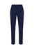 Slim fit flat front pants in navy blue, featuring a sleek design and a waistband with a logo.