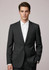A black two-button jacket with a tailored fit, featuring a notched lapel and pockets, displayed on a model.