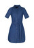 A women's denim dress with short sleeves, a button-down front, and a tied waist detail.