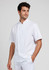 A short-sleeve chef jacket in white, featuring a mandarin collar and a logo on the sleeve.