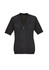 A dark grey women's zip front short sleeve knit cardigan with a relaxed fit. It features a v-neck design and short sleeves.