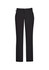 A pair of black men's slacks featuring a flat front design and a logo on the waistband.