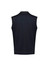 A black zip-front vest with a sleeveless design and a high collar. Features a logo on the back.