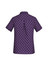 A short sleeve button-up shirt in purple with a daisy print pattern. The design features a logo on the back.