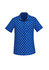 A short sleeve button-up shirt featuring a blue and white daisy print pattern. It has a collar and a logo.