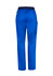A pair of blue women's straight leg scrub pants with a pocket, featuring an elastic waistband and a logo.
