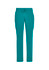 Teal straight leg scrub pants with side pockets and an adjustable drawstring waistband. Features a logo on the design.