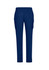 Navy blue straight leg scrub pants with side pockets and an elastic waistband. Features a logo on the garment.