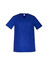 A blue men's scrub top featuring short sleeves and multiple pockets, with a logo displayed.