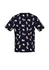 A navy scrub top with a playful printed pattern featuring various animals and characters. It includes a logo.
