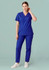 A unisex scrub top in royal blue, paired with matching pants, featuring a pocket and branding.