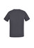 A grey men's V-neck scrub top featuring short sleeves and a back view design. It includes a branding logo.