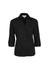 A black women's button-up shirt with 3/4 sleeves and a collared neck, featuring a logo on the tag.