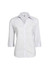 A white women's button-up shirt with 3/4 sleeves, featuring a collar and buttons down the front. It has a logo.