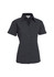 A women's short sleeve button-up shirt in black, featuring a collar and a front button closure.