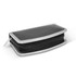 A manicure set in a sleek, black zippered case with a metallic frame.