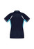 A navy blue women's polo shirt featuring light blue side panels and a logo on the back.