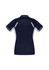 A women's short sleeve polo in navy with white accents and a logo.