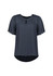 A short sleeve blouse in dark blue, featuring a keyhole neckline and a relaxed fit. It has a branding logo.