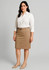 A woman stands wearing a beige mid waist stretch chino skirt and a white shirt, with a logo visible on the skirt.