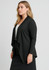 A black waterfall cardigan with a draped front, featuring long sleeves and a relaxed fit. It has a simple design with no visible logos.
