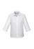 A white women's 3/4 sleeve button-up shirt with a collar and rolled sleeves, featuring a small logo.